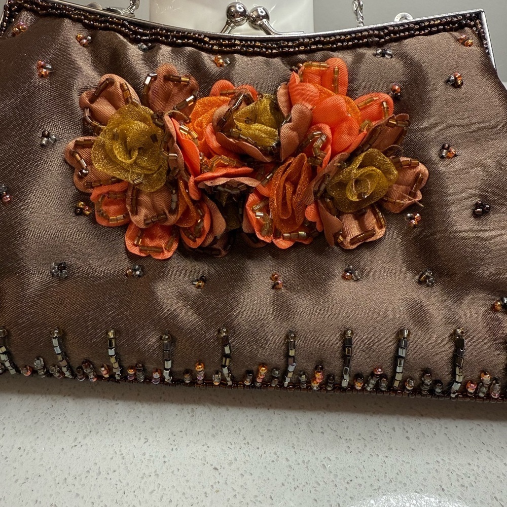 Brown Satin Beaded Evening Bag Floral Appliqué Beaded Clutch